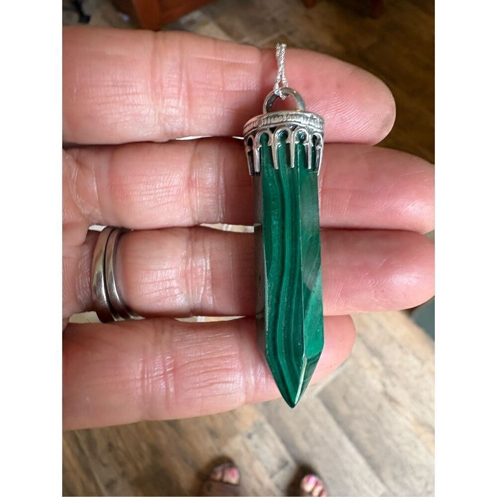 Necklace, Green Malachite Crystal Pendant, Sterling Silver, Handmade, Artisan,